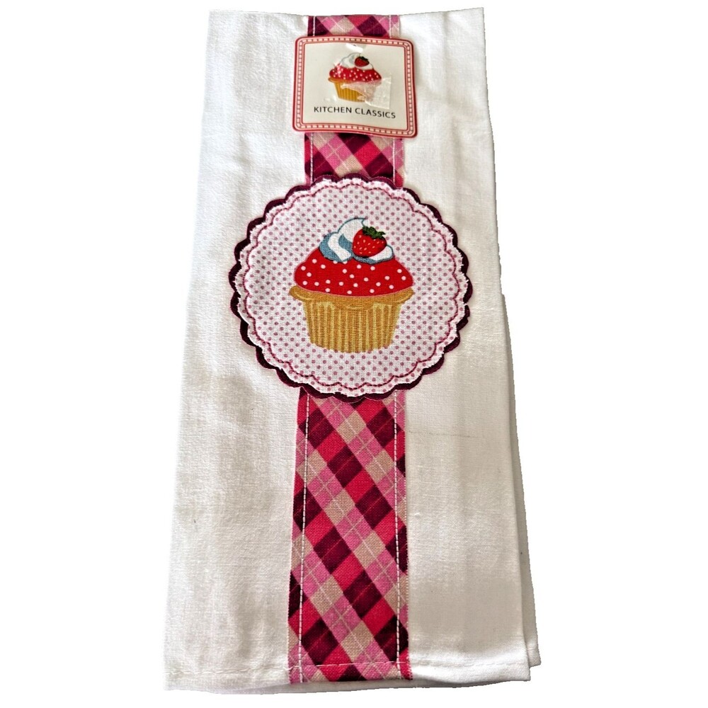 Kitchen Dish Towel White Strawberry Cupcake Flour Sack Applique Plaid Polka Dot